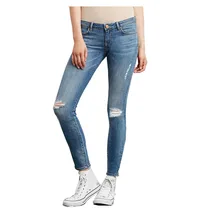 Women Retro Light Washed Pencil Jeans Casual Ripped Hole Elastic Plus Size Ankle Length Skinny Denim Pants