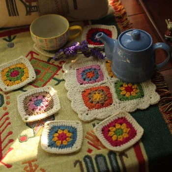 

DUNXDECO Table Placemat Pot Coffee Cup Pad Mat Kitchen Set Vintage Handmade Crochet Hook Cotton Woven Home Decor 7PCS Set