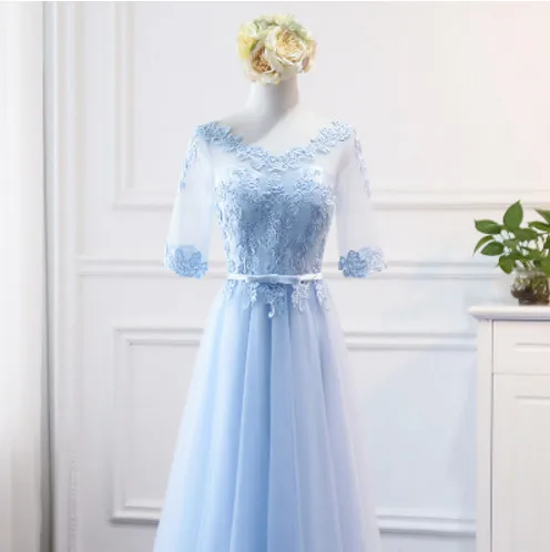 short b Robe De Soriee новые милые синие кружевные платья подружки невесты Длина до пола с коротким рукавом и аппликацией вечерние платья невесты на выпускной - Цвет: short b