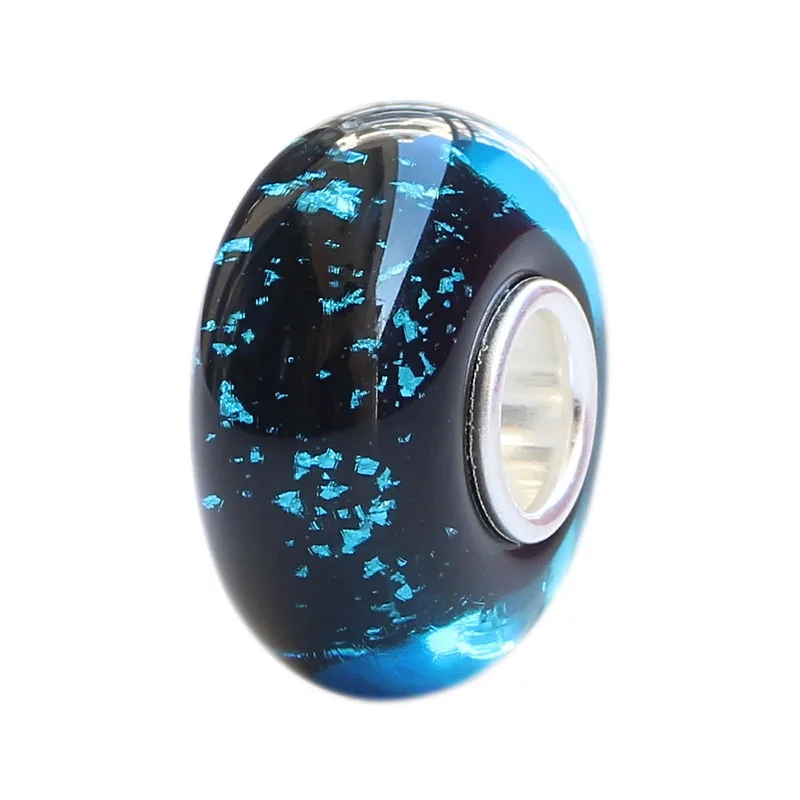

925 Sterling Silver Large Hole Blue Mysterious Universe Murano Glass with silver foil Charm Beads Fit European Bracelet Jewelry
