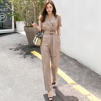 

2020 Summer Notched Khaki Overalls OL Office Lady Short Sleeve Sashes Long Casual Work Jumpsuit