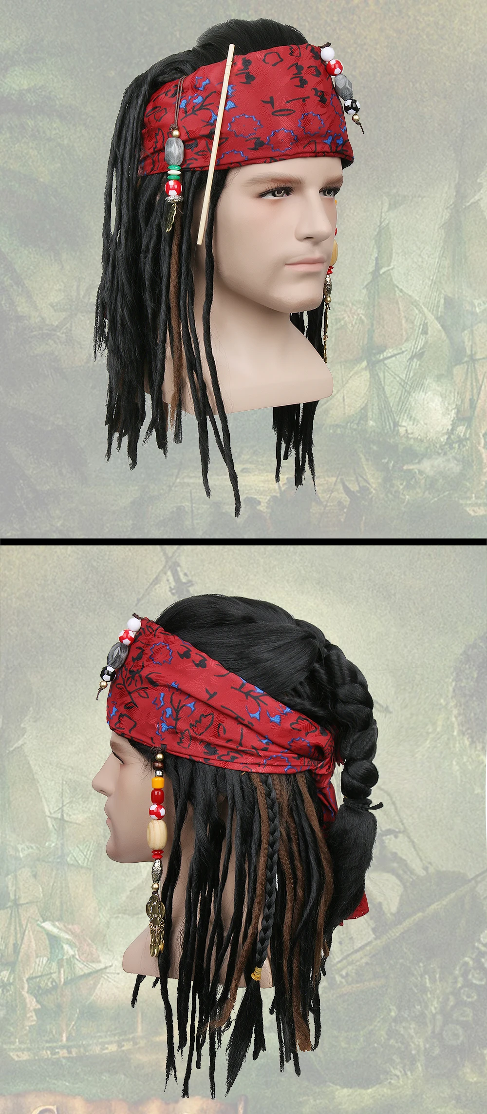 Takerlama Pirates of The Caribbean Pirate Captain Jack Sparrow Halloween Cosplay Wig Synthetic Hair