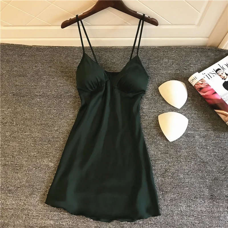 Queenral Women's Sleepwear Nightgown Summer Night Dress Silk Satin Sleepshirts Sexy Nightie Sleeveless Night Gown With Chest Pad2 (2) -
