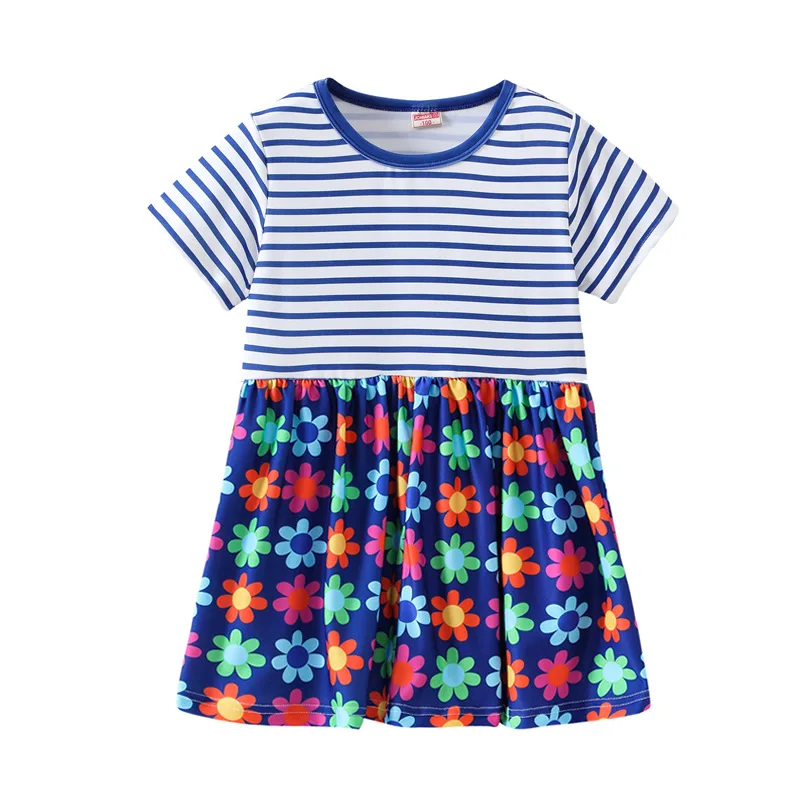 Summer Printed and Striped Patchwork Baby Princess Girls Short-sleeved Dress Girls Clothes For 2-7 Years Old