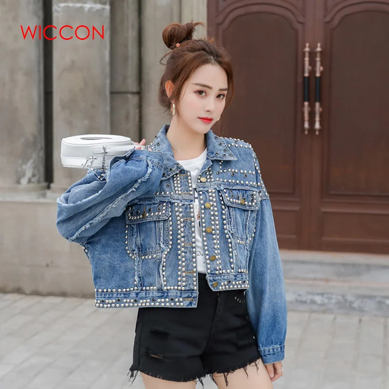 Алмазная джинсовая куртка женская осень новая Корейская версия Шипованная Короткая свободная джинсовая куртка Высокая уличная на одной пуговице