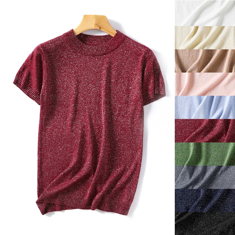

2019 Women T-shirt casual summer short sleeves knitted tops o-neck shiny loose Ice Silk Tee Tops plus size sequins basic tops