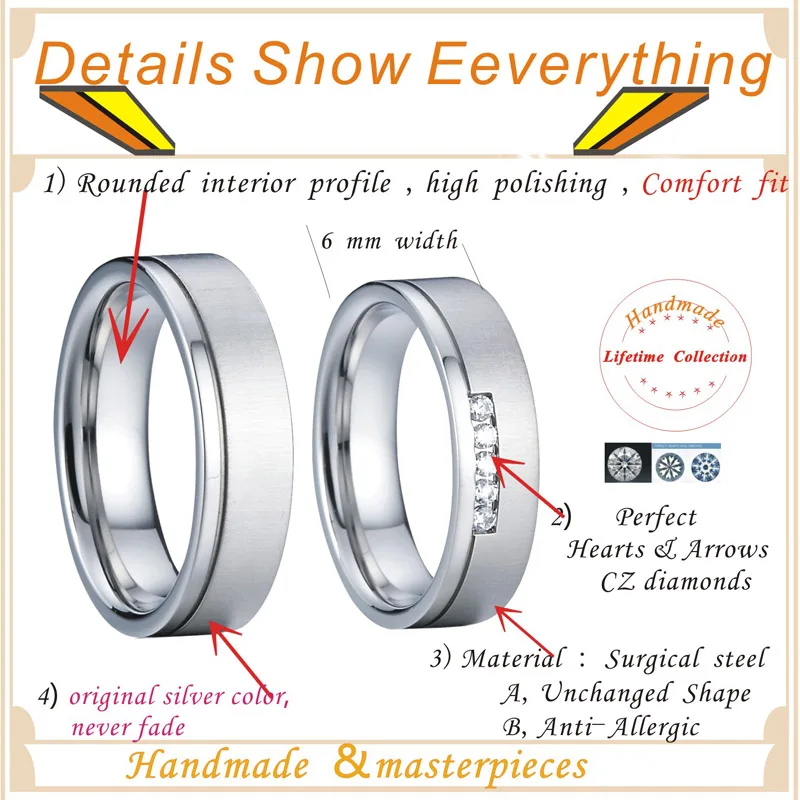 Unique Designer silver color Wedding Band Couple Rings Pair Set his and hers women's ring men's rings Alliance never fade (4)
