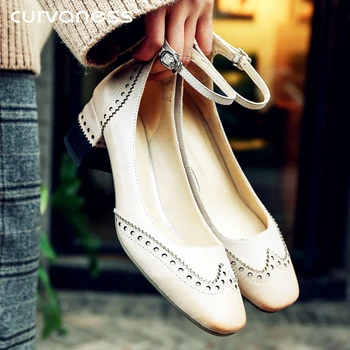 

Curvaness Geniune Leather Sewing Retro Shoes Lady Pump Fretwork Handwork Dress Shoe Shallow Mary Janes Round Heel Nude Shoes