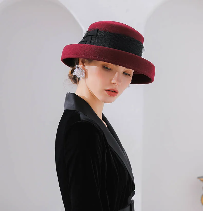 Фибоначчи, новинка, брендовая качественная женская фетровая шляпа, кружева, твердый купол, шерсть, фетровые шляпы для женщин, ведро, элегантные фетровые шляпы