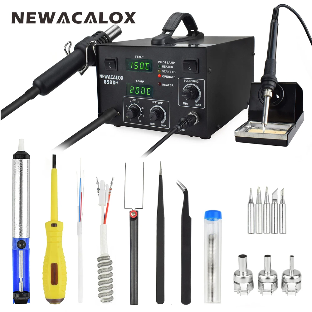 

NEWACALOX 600W 220V EU Digital Electric Soldering Station Hot Air Rework Station Heat Gun Solder Iron Welding Tool+Nozzle Tweeze