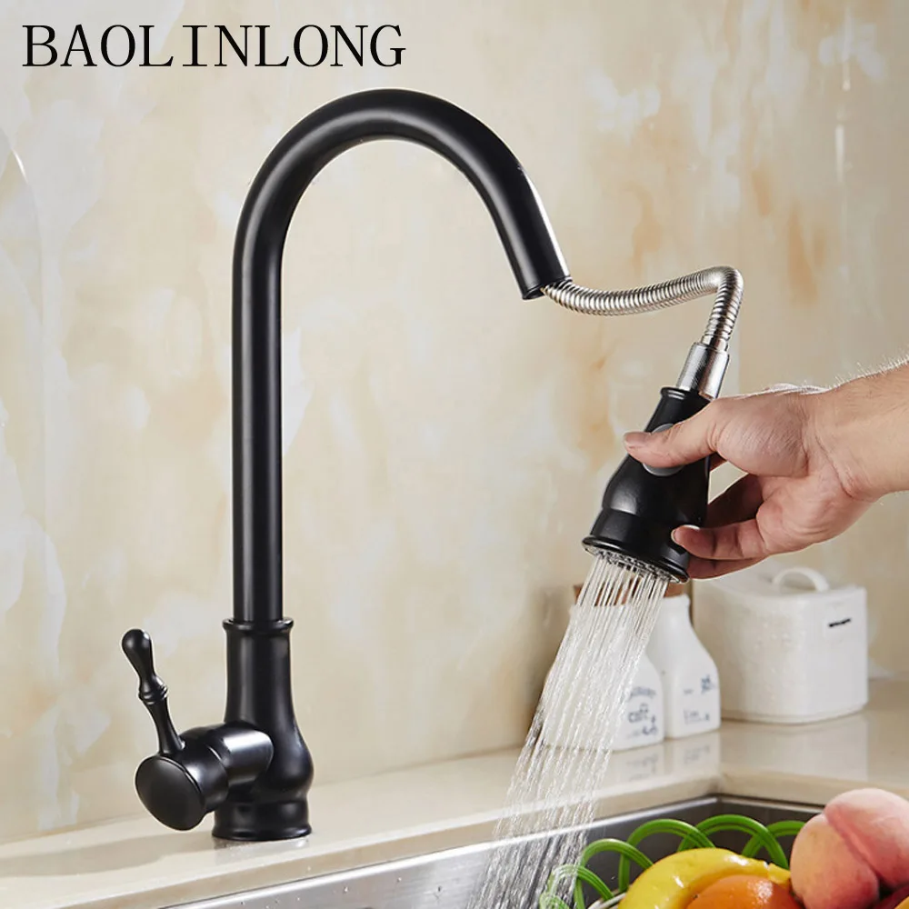 BAOLINLONG Brass Pull Out Kitchen Faucets adjustable Cozinha Swivel Spout Kitchen Sink Faucet Tap BAOLINLONG Brass Pull Out Kitchen Faucets adjustable Cozinha Swivel Spout Kitchen Sink Faucet Tap