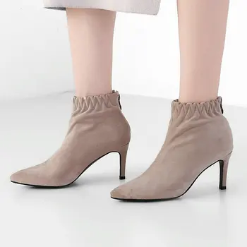 

Fashion Ankle Boots Women Faux Suede High Heels Boots Pointed Toe Zipper Spring Autumn Female Shoes Black Red Apricot 2019