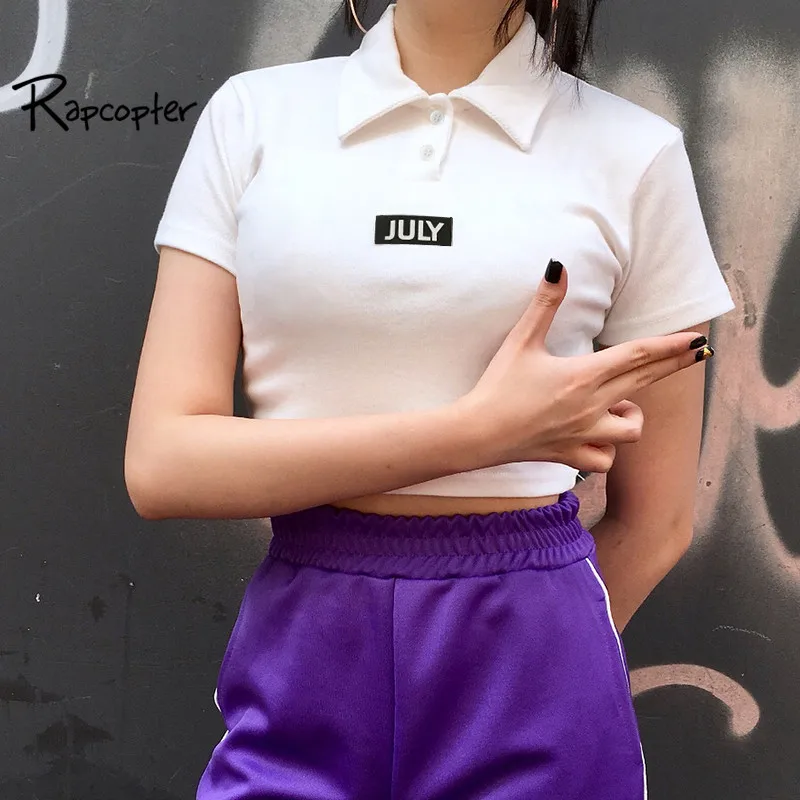 

Rapcopter 2018 Summer Letter Print Turn-down Collar t shirt Women Solid Crop Top Casual Cute Short Sleeve tshirt Tops