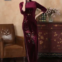 Шанхай история китайский Стиль долго Cheongsam платье женщины платья осень цветочной вышивкой платье бархат qipao платье 3 Стиль