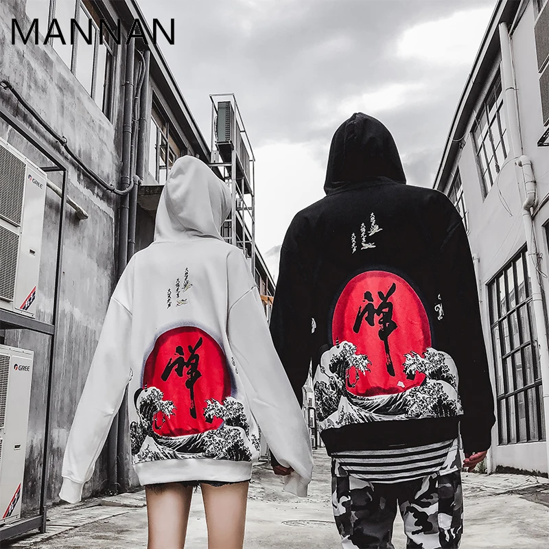 MANNAN китайские буквы волна печатных толстовки кофты для мужчин и женщин Harajuku Уличная пуловер с капюшоном Kanji одежда