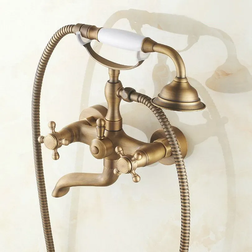 Antique Brass Wall Mount Telephone Euro Bath Tub Faucet Mixer Tap w/ Handheld Spray Shower Ntf150 6