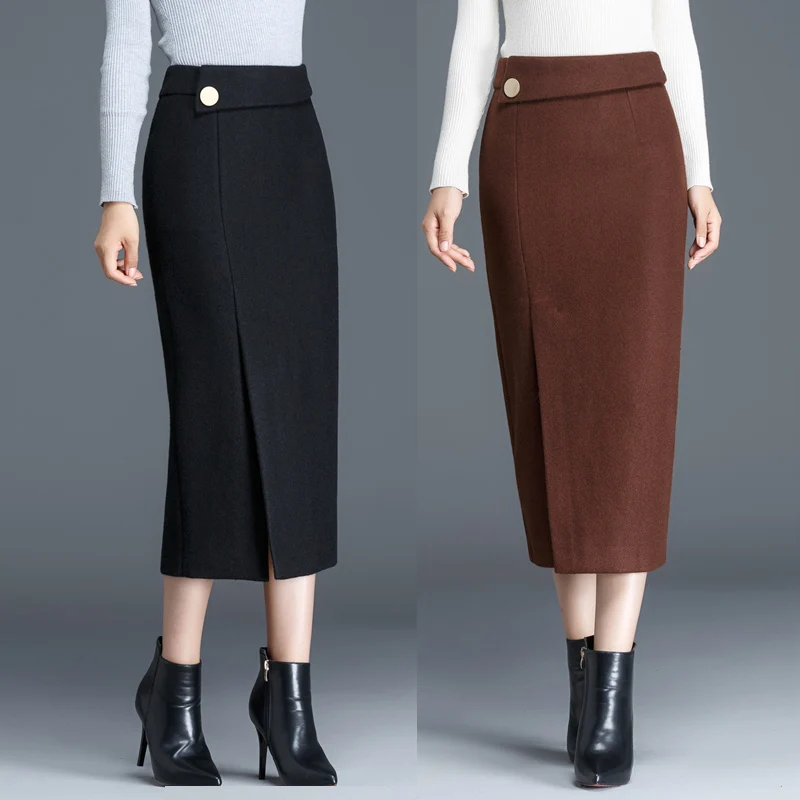 

2017 Winter Fall Fashion Office Ladies Women Black Brown Woolen Pencil Skirt , Autumn 3xl Placket Long Wool Skirts For Woman