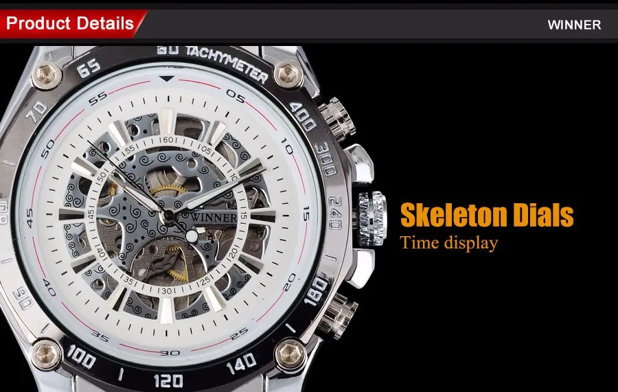 Победитель Мода Повседневная механические часы мужчины люксовый бренд Скелет набирает наручные часы серебряный браслет из нержавеющей