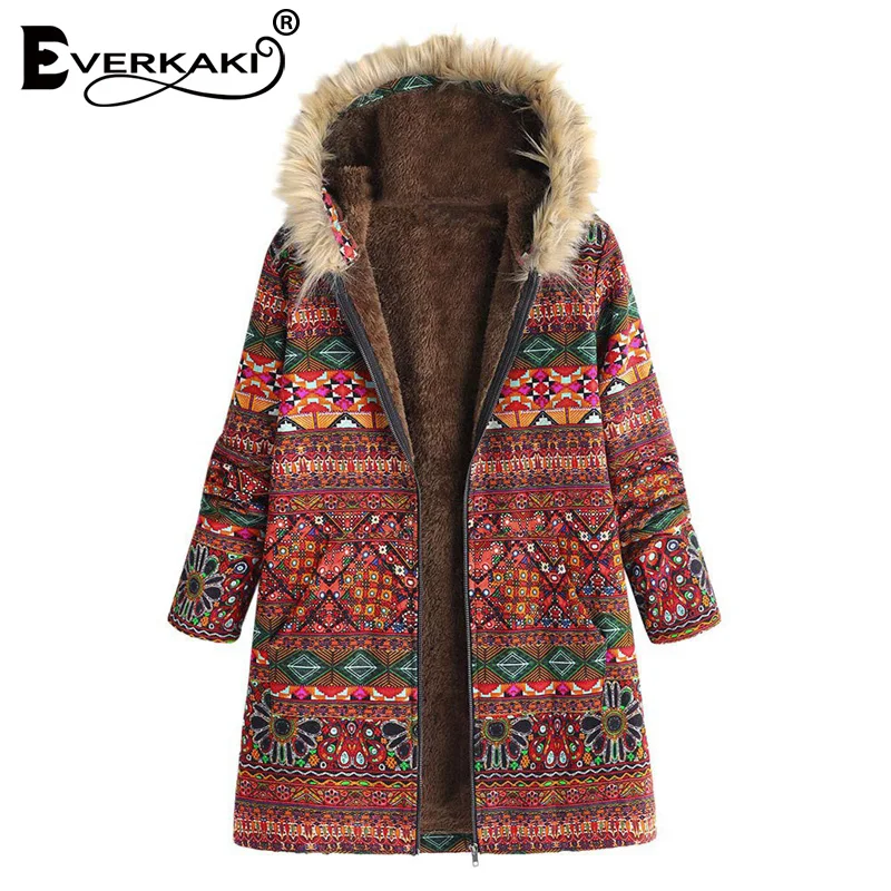 

Everkaki Boho Velvet Jackets Coat Women Thick Zipper With Hat Warm Plus Size Lady Ethnic Winter Fur Coats Outerwear Female 2019