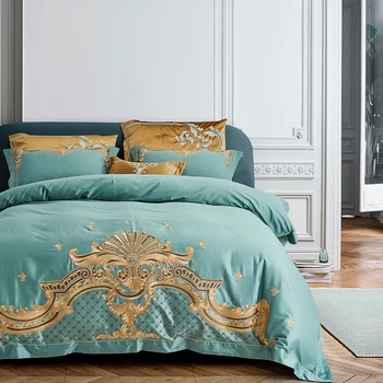 1000 Thread Count Green Egyptian Cotton Wedding 4pcs Bedding Set Euro Baroque Gold Embroidery Bed Linens Queen King Size Bed Set 1