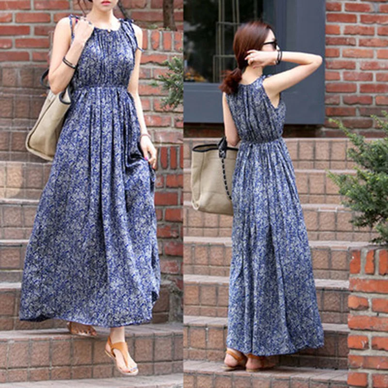 

Bohemian Style New Summer Women Dress Long Maxi Besch Dress Sundress Casual Sleeveless O Neck Loose Long Dress Vestidos