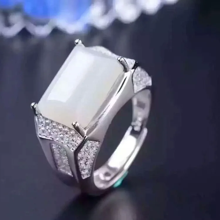 Серебристый KJJEAXCMY Fine jewelry Fine 925 Серебряный декор Hetian Jasper мужское кольцо - Цвет камня: Серебристый