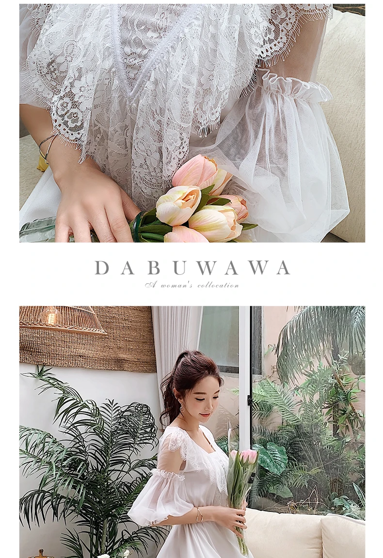 Danuwawa женское белое платье миди летнее Новое шифоновое Плиссированное кружевное платье с рукавами-фонариками женское элегантное платье DN1BDR070