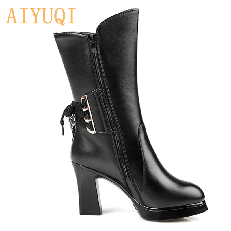 AIYUQI/Новинка года; женские ботинки из натуральной кожи; женские зимние ботинки из натуральной шерсти; мотоботы на высоком каблуке; размеры 9
