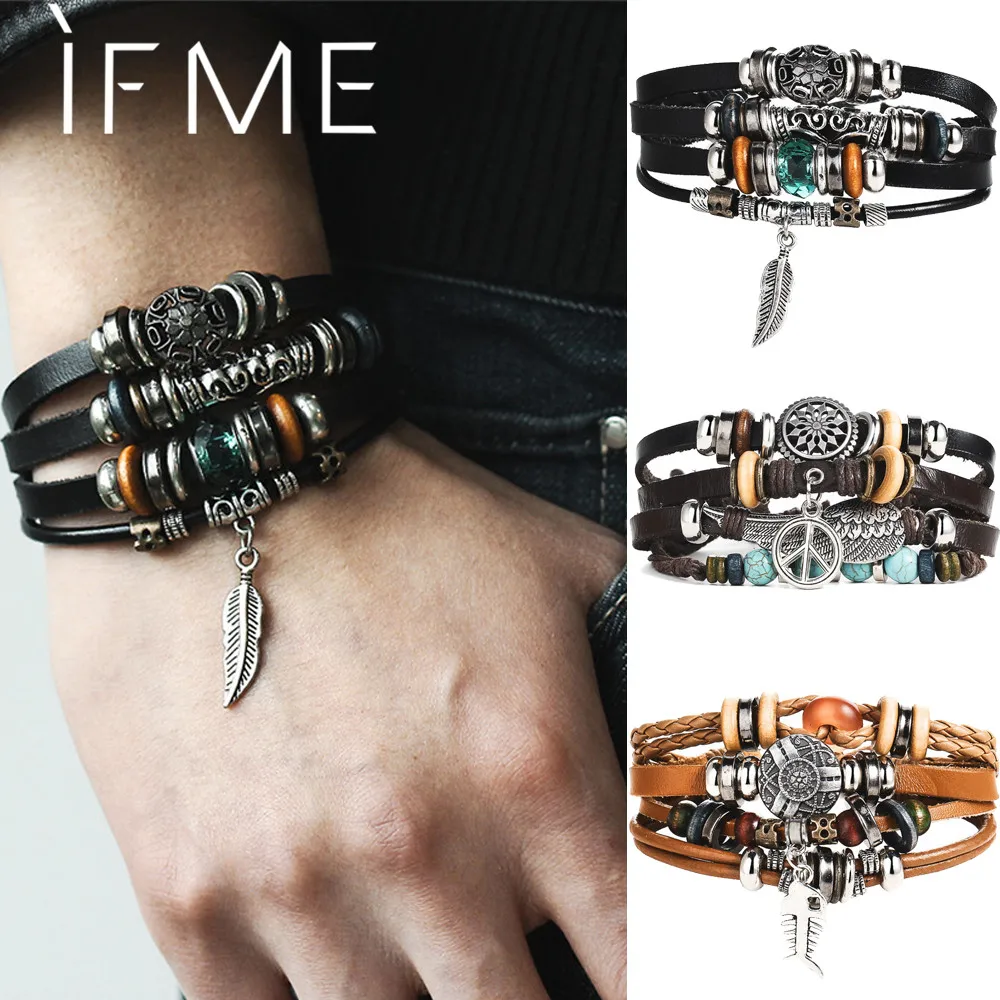 

IF ME Design Turkish Eye Leather Bracelet For Men Woman Multiple Layer Feather Bracelet Fashion Wristband Party Jewelry Gift
