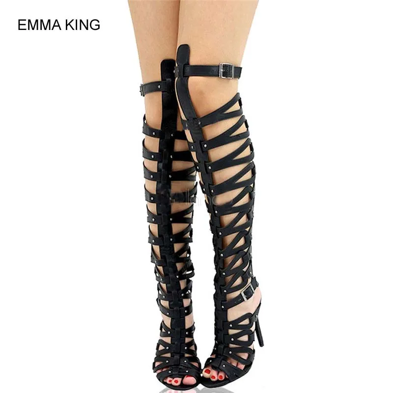 

EMMA KING Gladiator High Summer Boots Over The Knee High Heel Sandals Modern Mujer Shoes Rond Toe Back Zipper Party Shoes