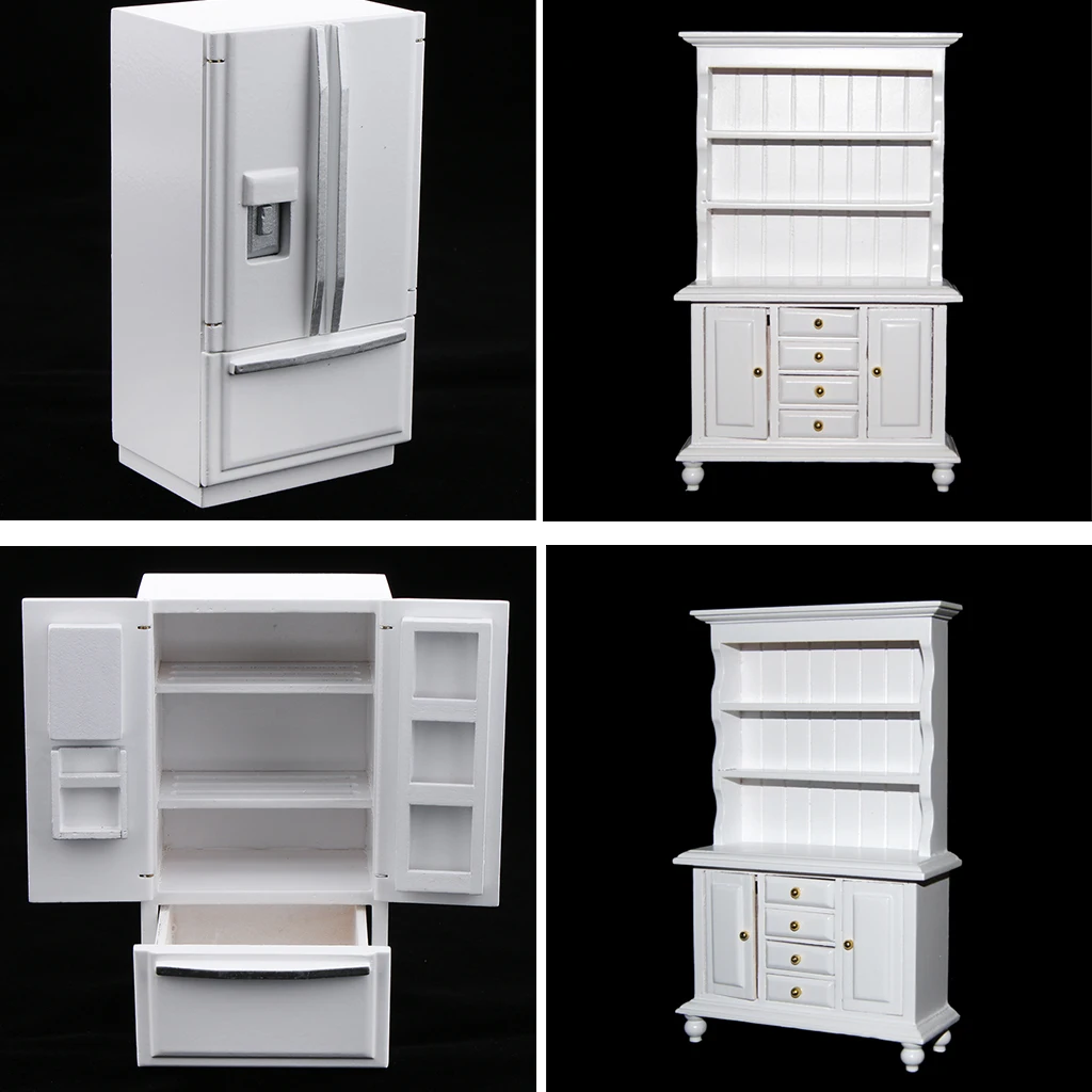 1/12 Dollhouse Miniature Wood Fridge & Cabinet Shelf Cabinet Model Kitchen Furniture Decoration White