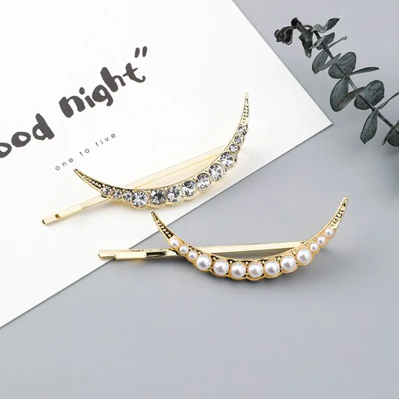 

Vintage Novelty 1pcs Imitiation Pearl Hairpins Moon Crescent Shape Crystal Rhinestones Hair Clips barrettes for women girls gift