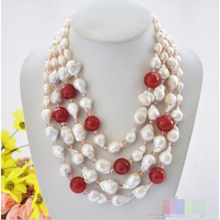 

P5009 4row 22" 25mm white baroque keshi reborn pearl red jade crystal NECKLACE^^^@^Noble style Natural Fine jewe FREE SHIPPING