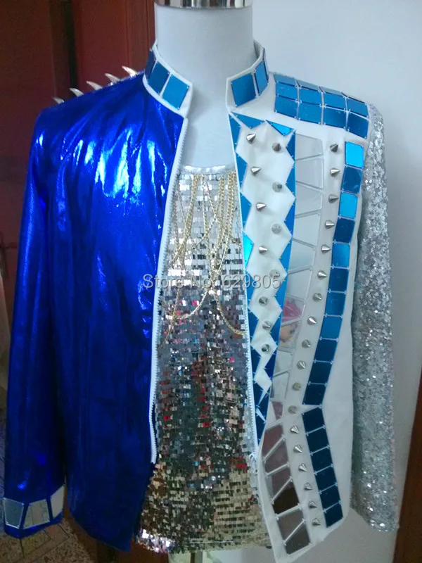 Модная мужская синяя верхняя одежда с блестками, костюм для певицы, диджея, наряд DS, одежда для сцены, куртка, костюмы, Блейзер, боди, для ночного клуба, шоу