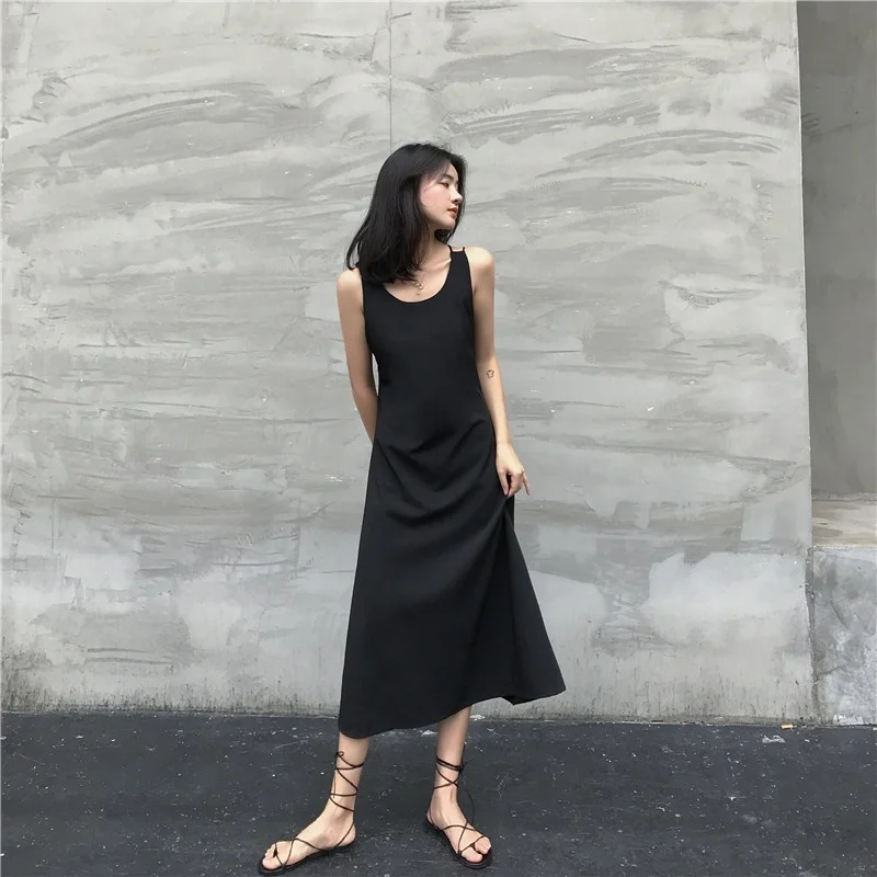 

Sexy Women Sleeveless Maxi Dress Summer V-neck Sling Dress Back Cross Long Black Loose Dress