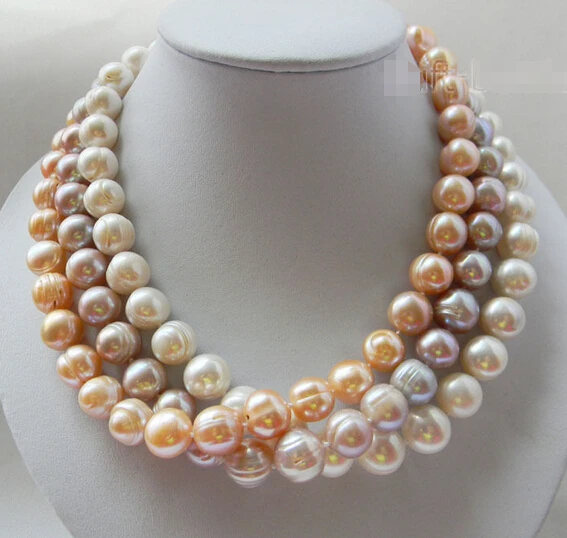 

HOT## Wholesale 3Pieces 18'' 13MM Round White Lavender Pink Freshwater Pearl Necklaces