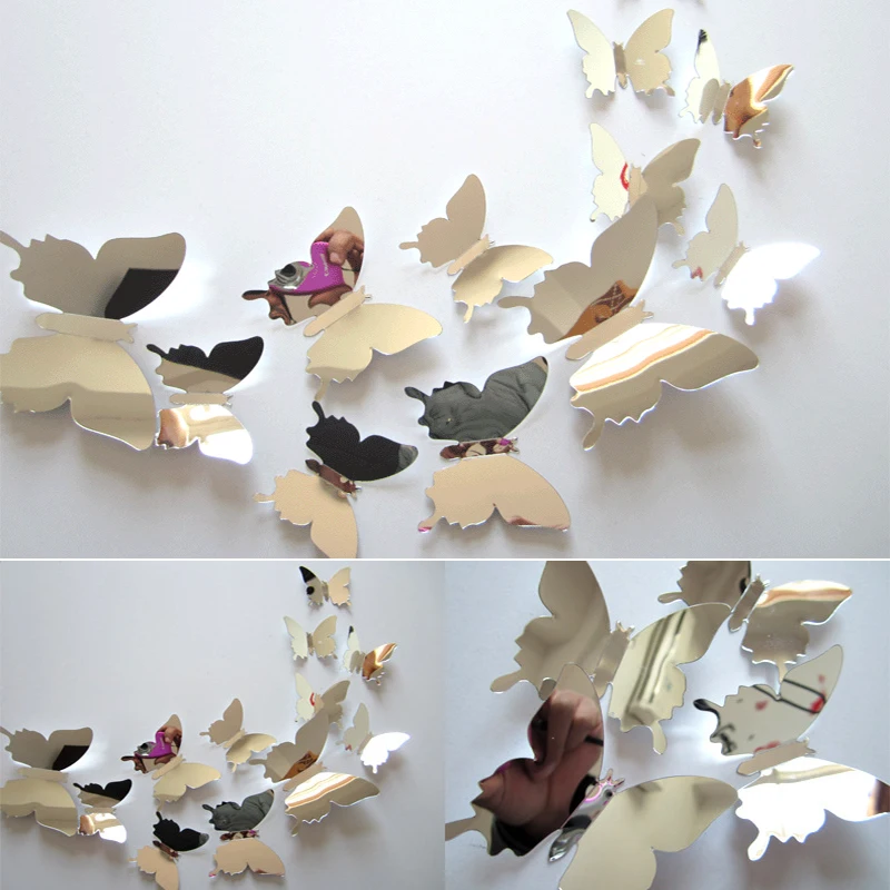 

12pcs/set New Arrive Mirror Sliver 3D Butterfly Wall Stickers Party Wedding Decor DIY Home Decorations Wall Sticker