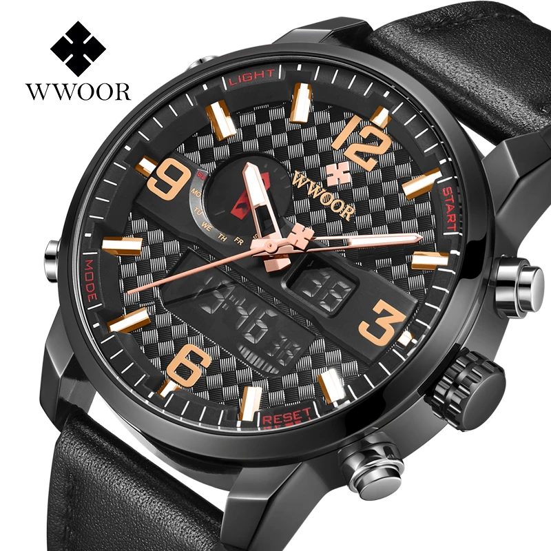 

WWOOR Luxury Brand Mens Watches Men Leather Sports Watches Men's Quartz LED Digital Clock Waterproof Luminous Wrist Watch
