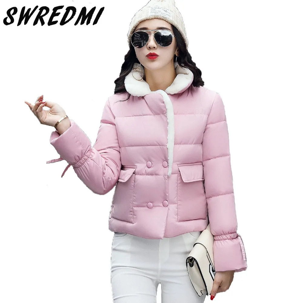 

Autumn And Winter Short Cotton Coat Outerwear Slim Solid Thick Warm Wadded Jackets M-XXL Pink Bouble Breasted Parkas Clothing