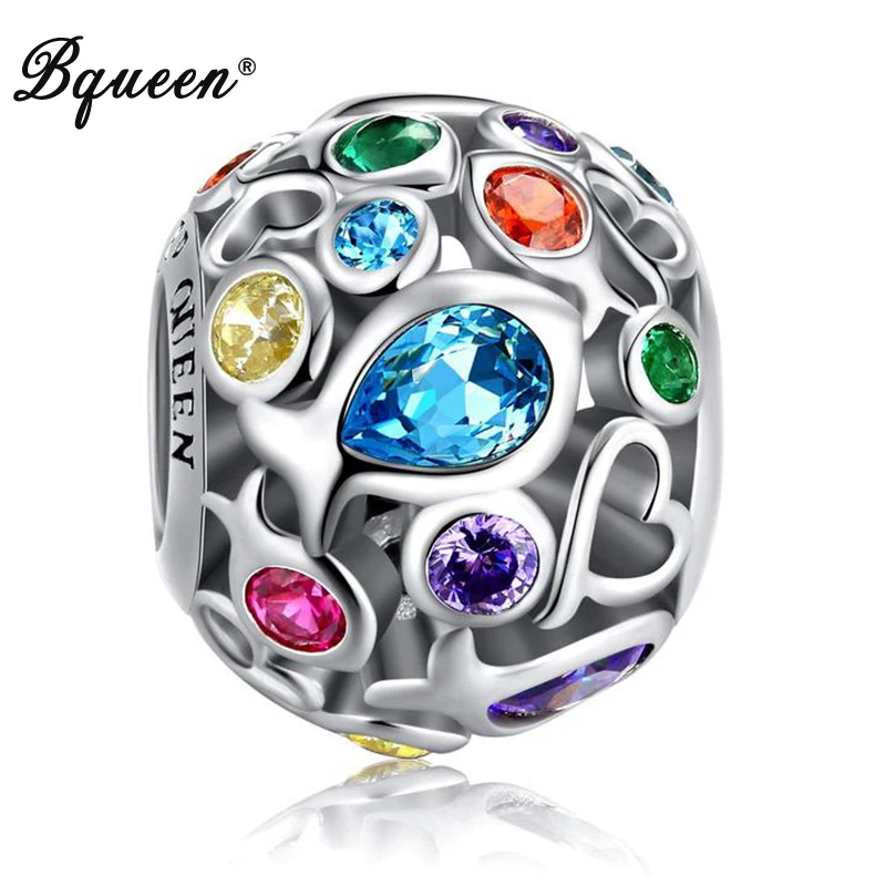 

Bqueen 925 Sterling Silver Openwork Beads Colorful Bead Charm with Skin-Friendly Fish Cubic Zircon Stone for Bracelet Necklace