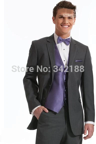 Best best selling Two buttons Charcoal Notch Lapel Groom Tuxedos Groomsmen Men Wedding Suits Prom Clothing /wester suitswedding new groom tuxedos grey two buttons notch lapel best man groomsman men wedding suits prom form bridegroom jacket pants tie weddi