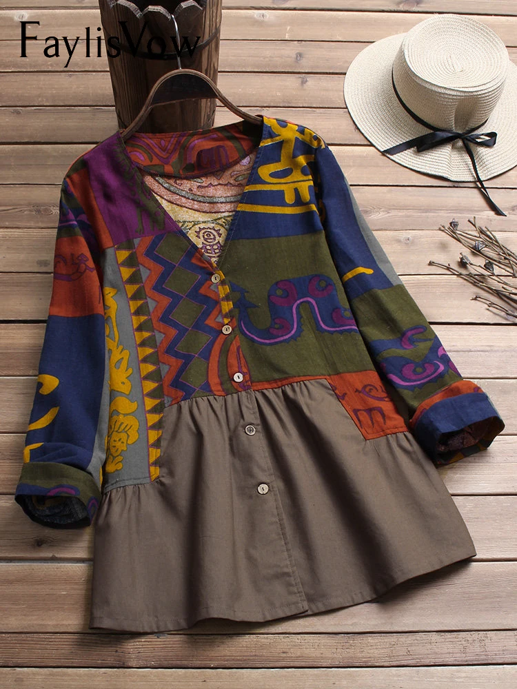 

Plus Size Cotton Linen Kimono Cardigan V Neck Print Patchwork Long Sleeve Women's Shirt Vintage Button Tops Kimonos Mujer 2018