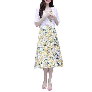 

Women's summer wear dress & top popular new two pcs clothing set fashion suits chiffon dresses floral print outfit vestido