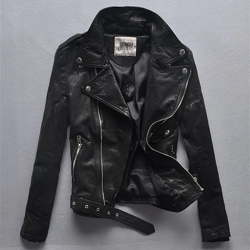 

2016 new arrival spring real sheepskin leather jacket women fashion slim motorcycle jacket lady balck skin windbreaker with belt