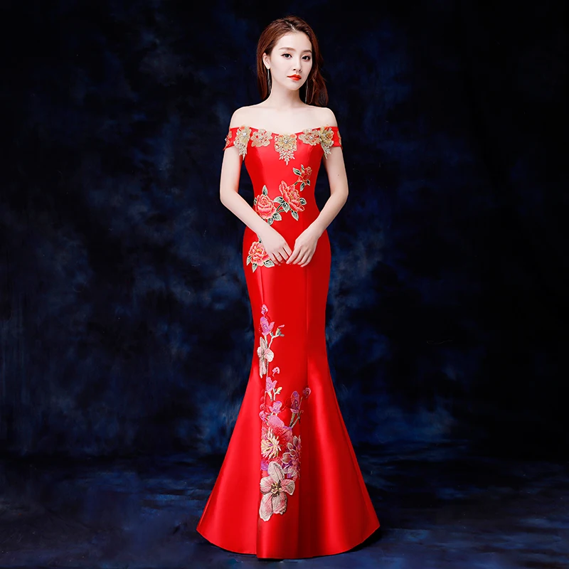 Пикантные с открытыми плечами для женщин Qipao Тонкий Русалка Полная длина Cheongsam Китайский красный Vintahe Свадебная вечеринка платье женский Vestidos