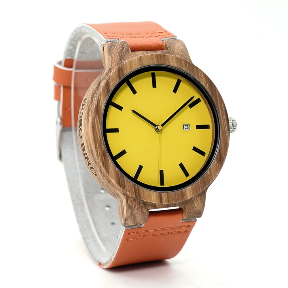 BOBO BIRD L-O09 Yellow Dial Ladies Watches with Calendar Design Zebra Wooden Watches for Men in Gift Box Drop Shipping