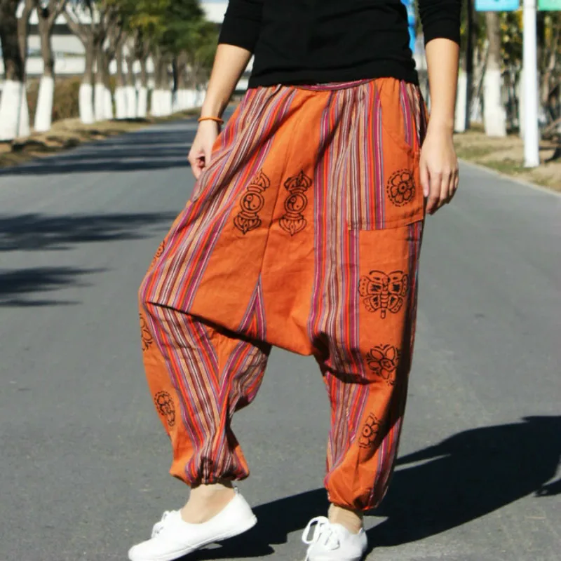Indian Nepal Stripe Pants Cotton Retro Big Crotch Women Wide Leg Trousers Nation Style Leisure
