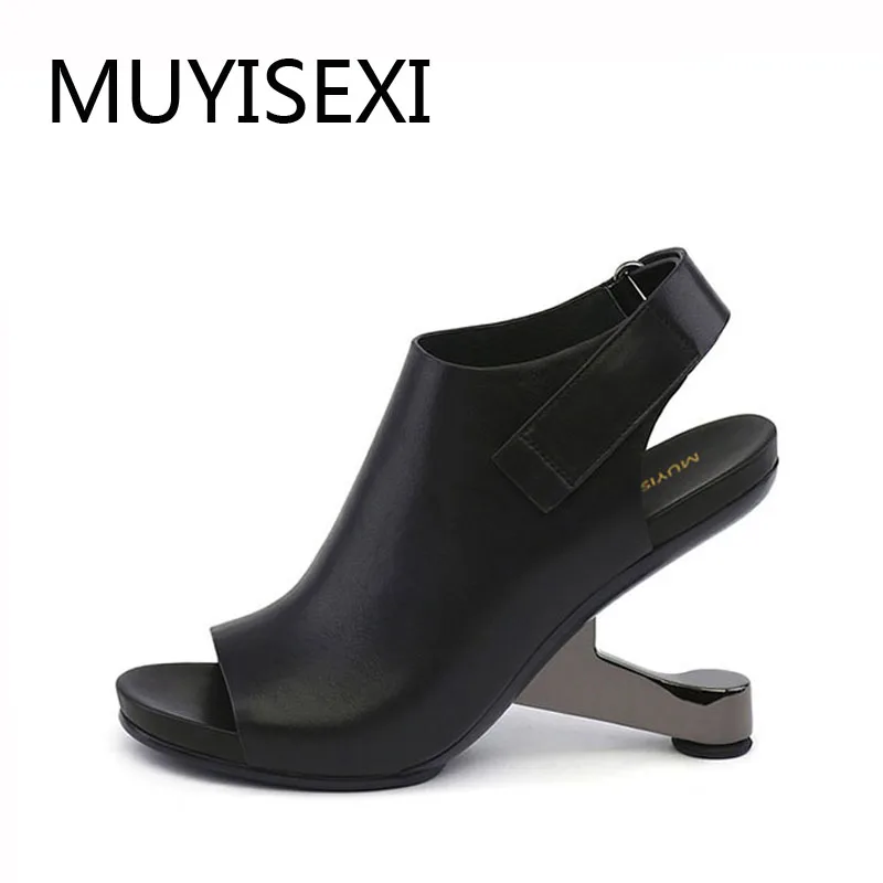 

Black Gladiator Sandals Women Peep Toe Genuine Leather Ankle Strap Metal High Heels Sandalias Mujer L032 MUYISEXI