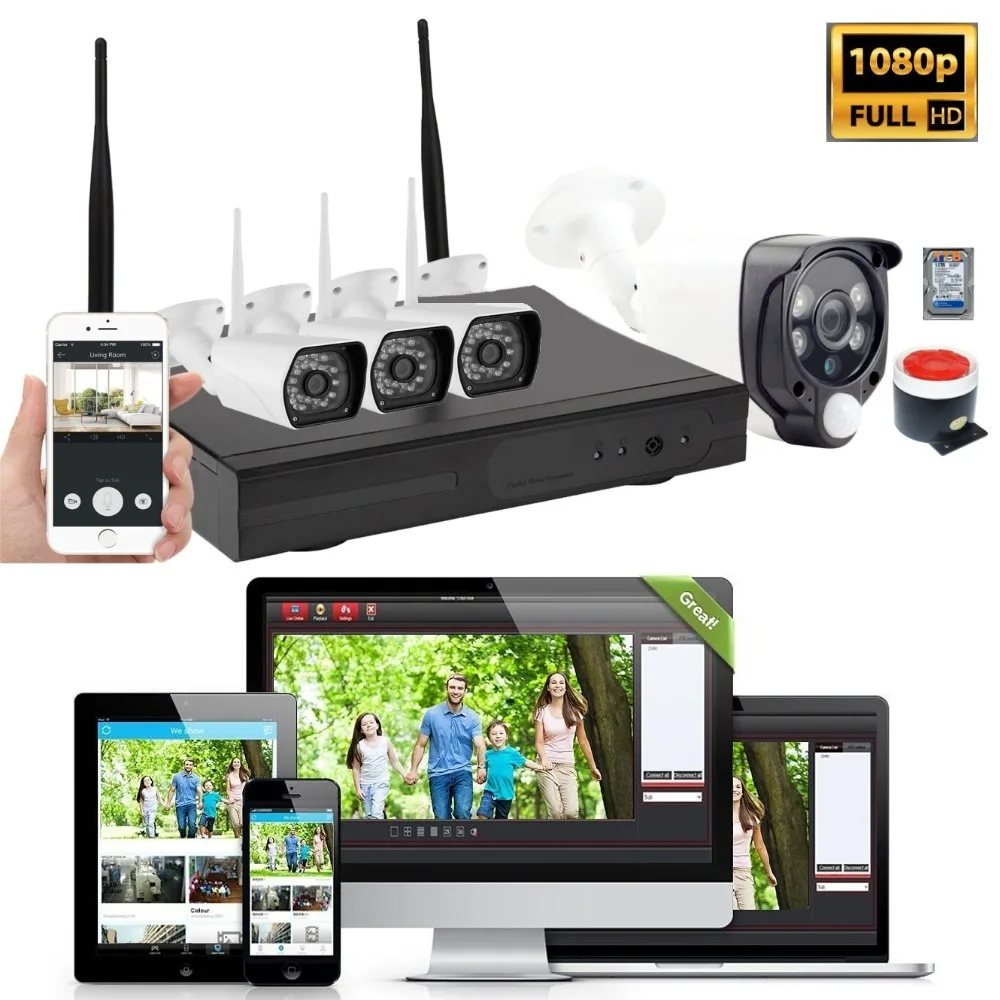  1080 P 4CH WiFi inalámbrico hogar sistema de cámara de seguridad CCTV NVR Kit PIR Sensor de movimie