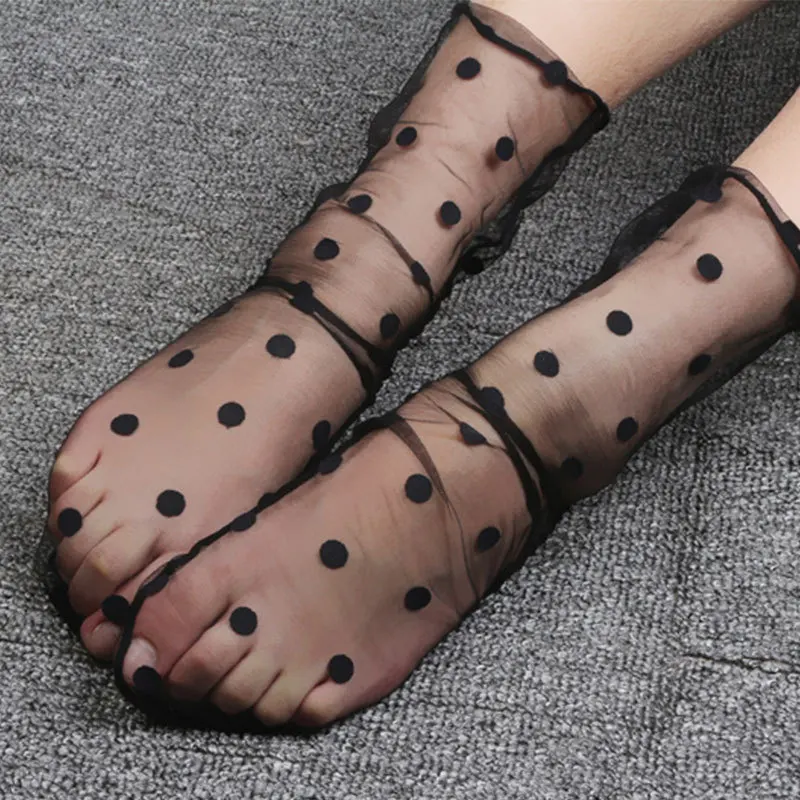 

Cute Dot Lace Mesh Socks Women Summer Korean Ultra-Thin Transparent Cool Socks Black Sexy Net Pile Of Sheer Sock Skarpetki